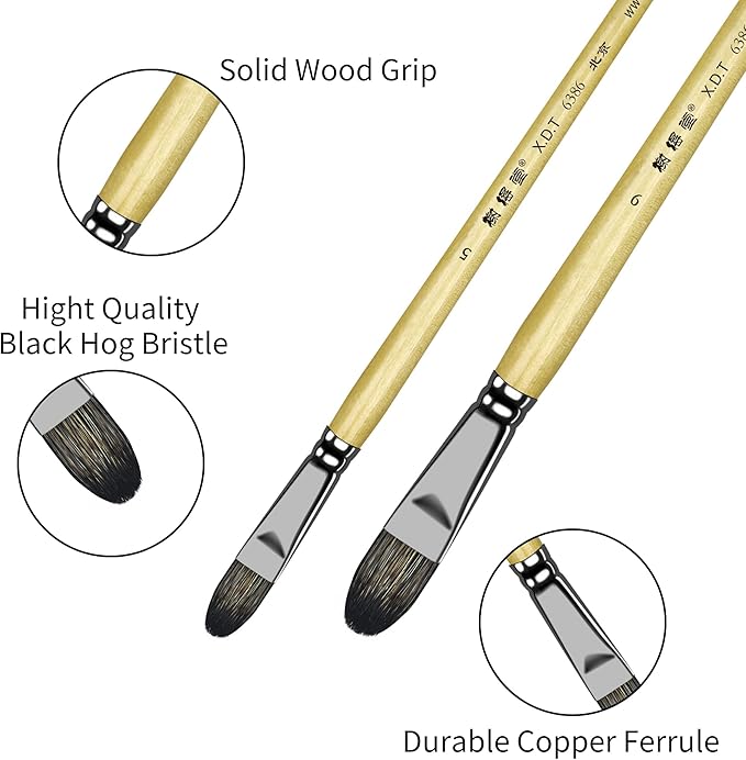 XDT#6386 Filbert Artist Paint Brush 6 Piece Set Medium Stiff Black Hog Bristle Extra Long Handle #1#3#5#7#9#11, Acrylic Oil Watercolor