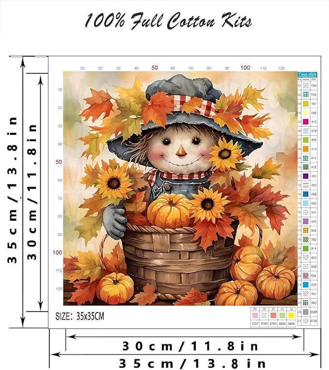 Fall Stamped Cross Stitch Kits for Adults - Scarecrow Embroidery Kits for Beginners Adults,11 CT Patterns Dimensions Counted Cross Stitch Kits for Adults Arts Craft 14x14 inch