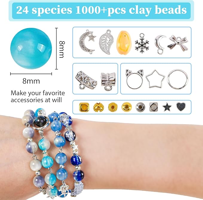 glass beads for jewelry making, 18 colors bead bracelet making kit including 2-8mm bead spacers, blue round beads for diy jewelry making supplies for adults, bracelet necklace earring making kit