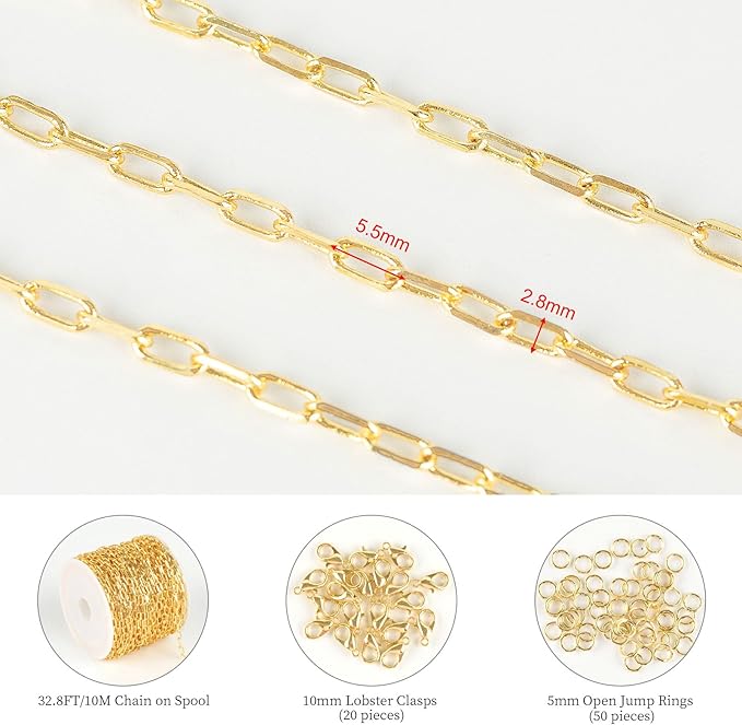 KYUNHOO 32.8 Feet Small Paperclip Chain Spool Light Gold Plated Chain Bulk Soldered Cable Link Craft Chain for Necklace Bracelet Ankle Jewelry Making with Jewelry Clasps
