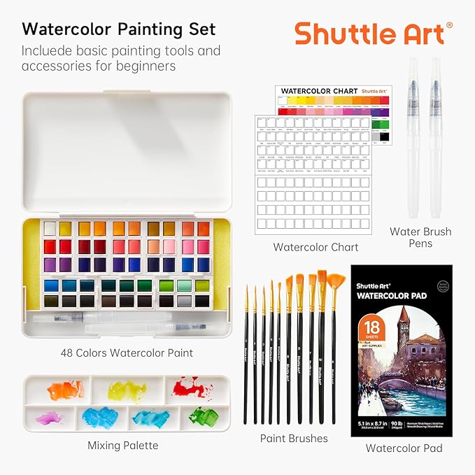 Watercolor Paint Set, Shuttle Art 48 Colors Watercolor Paint in Half Pans with 2 Water Brush Pens, 10 Paint Brushes, 1 Watercolor Pad, 1 Palette, 2 Color Charts, Watercolor Kit for KidsAdults, Artists