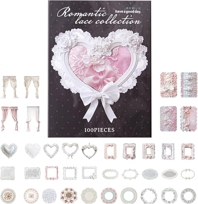 100 Pieces Romantic Lace-Themed Scrapbook Stickers Set, Aesthetic Decorative Stickers for Scrapbooking, Junk Journaling, Crafting, DIY Projects, Diaries and Art Supplies