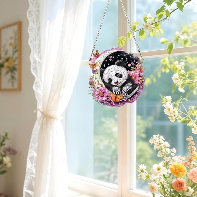 Lxmsja DIY Cute Panda Diamond Painting Hanging Ornament, Double-Sided Acrylic Dreamy Moon Diamond Art Kit, Special Shaped Suncatcher Hanging Pendant Window Art Kit