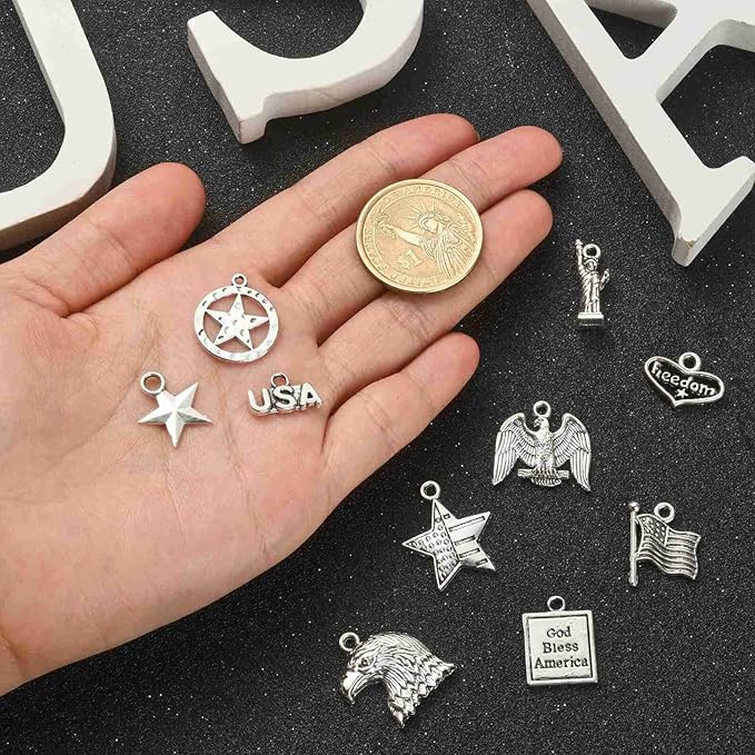 DanLingJewelry 100Pcs 10 Styles Patriotic Charms - Independence Day, Eagle, Flag, Statue of Liberty for Jewelry Making