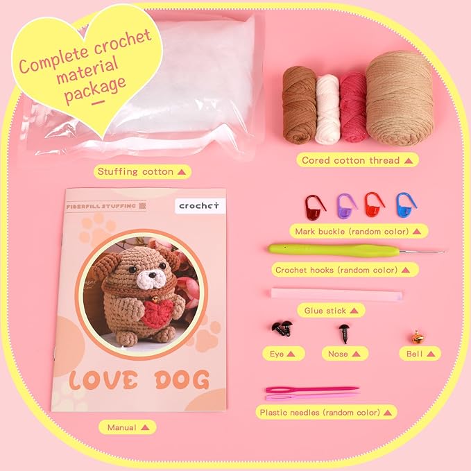 UzecPk Crochet Kit for Beginners, Crochet Kit Cotton-Nylon Blend Yarn Include Videos Tutorials Dog Crochet Set for Starters Adult Crochet Animals Kits with Enough Yarn and Accessories