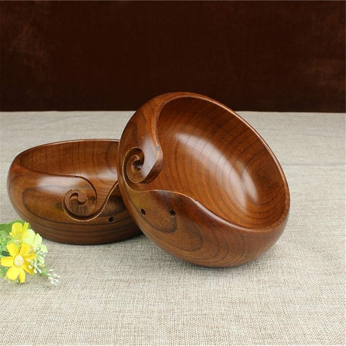 1 Pcs Wooden Yarn Bowl with Lid, Crafted Wooden Weaving Thread Bow with Carved Holes, Premium Knitting Storage Accessories & Supplies, Handcrafted Round Yarn Ball Bowl Brown Box, 16 CM #02