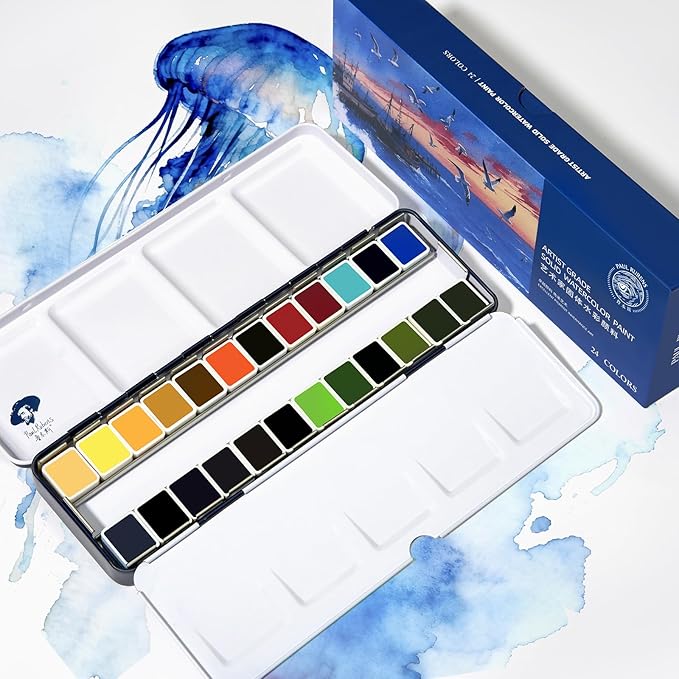 Paul Rubens Professional Watercolor Set - 24 Vibrant Ocean Colors for Seascape Painting, Artist-Grade Travel Watercolor Paints in Portable Metal Tin Box, Ideal for Artists, Beginners & Students