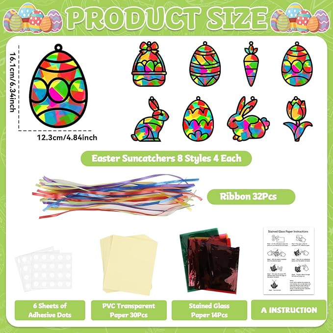 32 Sets Easter Suncatchers Craft Kit DIY Egg Basket Window Stained Glass Effect Paper Basket Style Home School Classroom Decorations Spring Art Craft Creative Games Activity Project Gift Favor