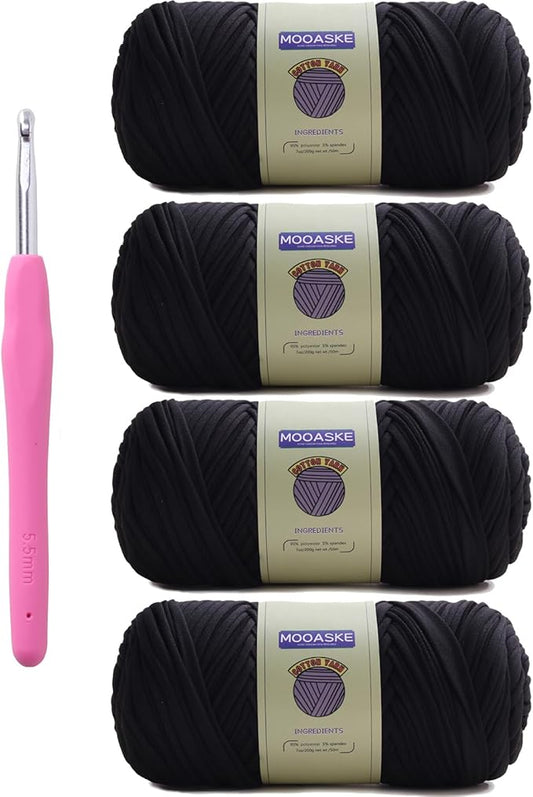 4 Pack T-Shirt Crochet Yarn for DIY Knitting Crochet Cloth Blanket Bag Dolls - 800g Chunky Thick Yarn for Crocheting with Polyester-Spandex Blend Elastic Fabric (Black)