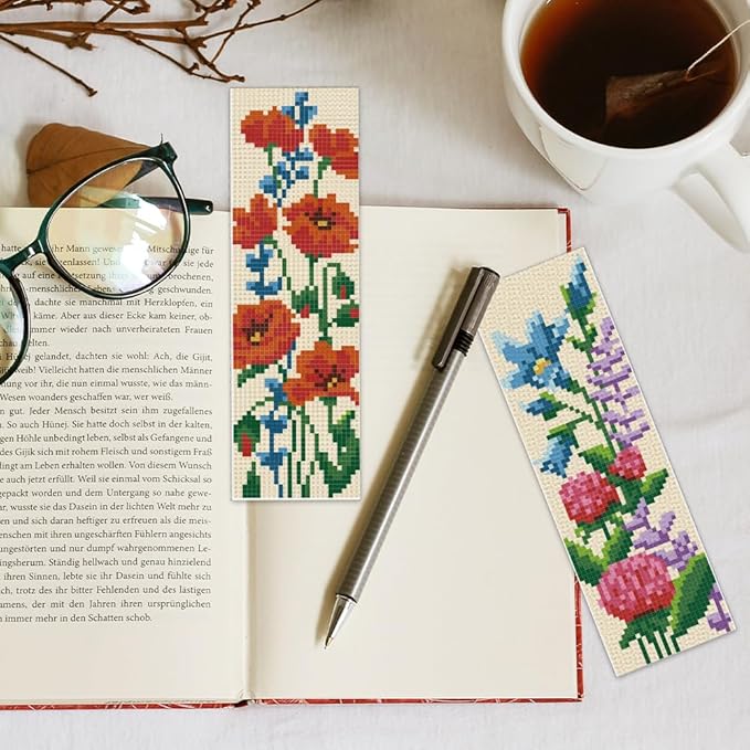 INFUNLY 6PCS DIY Flower Cross Stitch Bookmark Kit for Beginners 8.66"×3.15" Stamped Embroidery Bookmark Kit Hand Plant Bookmark Cross Stitch Kits with Instruction for Book Lovers Reader Writers