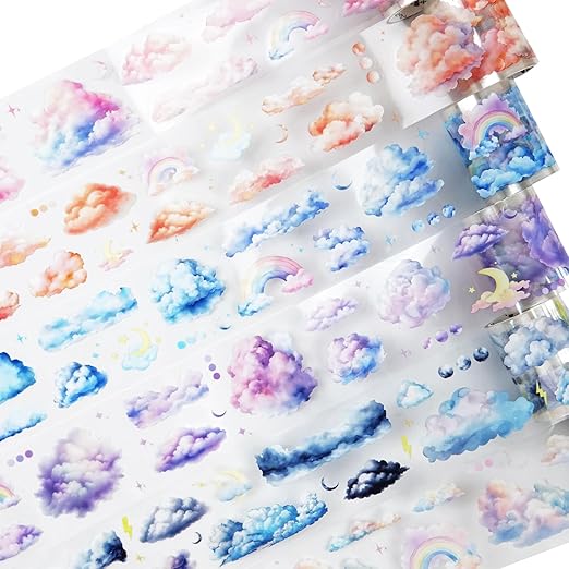 Cloud PET Tape Set, 6 Rolls Pre-Cut Sky Ephemera for Junk Journaling, Scrapbooking, Crafting, DIY Projects, Diaries, and Art Supplies