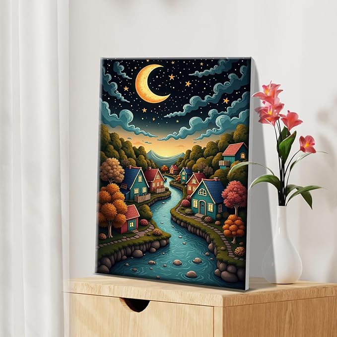 JOOZ Landscape Paint by Numbers Kit for Adults with Frame Moon Paint by Number with Easel Lake Adult Paint by Number Kits Framed Canvas Oil Painting Kits for Home Wall Decor 8x12 Inch