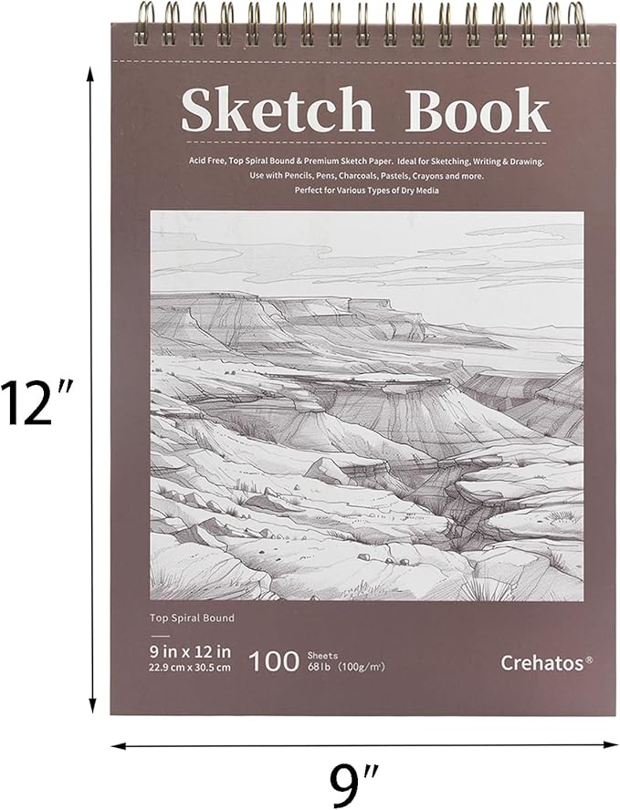 Crehatos 9" x 12" Sketch Book, Top Spiral Bound Sketch Pad, 100 Sheets Each 68lb/100gsm Drawing Paper, 2 Pack