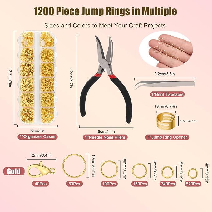 1200 Pcs Jump Rings, Jewelry Making Kit with Open/Close Tools, Pliers, Tweezers, Lobster Clasps, DIY Necklace Repair and Keychain Supplies (Gold)