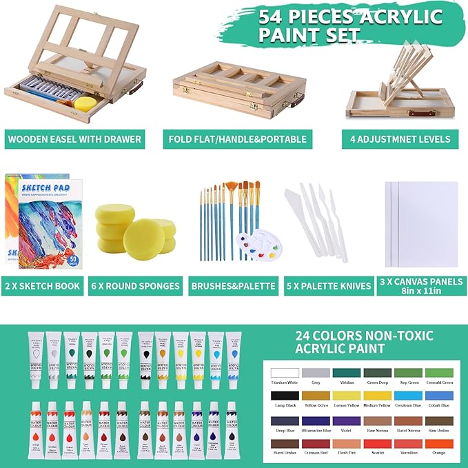 54 Pieces Acrylic Paint Set with Tabletop Easel Stand, Complete Starter Painting Art Supplies with Acrylic Paints, Canvases, Sketch Pads, Brushes and Palette for Beginners Young Artists and Adults