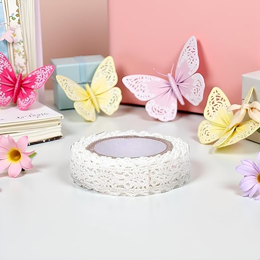1 Roll 1.7m White Trim Ribbon Tape Self-Adhesive Decorative Lace Fabric Washi Tapes Striping Masking Tapes Decorative Sticker White Durability Lace Washi Tape,Arts and Crafts Tape