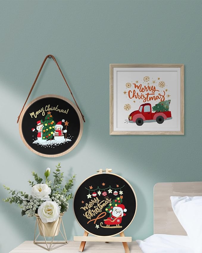 TINDTOP Christmas Embroidery Kit for Adult Beginners, 3 Sets Embroidery Stitch Practice kit Include Embroidery Cloth Hoops Threads for Craft Lover Hand Stitch