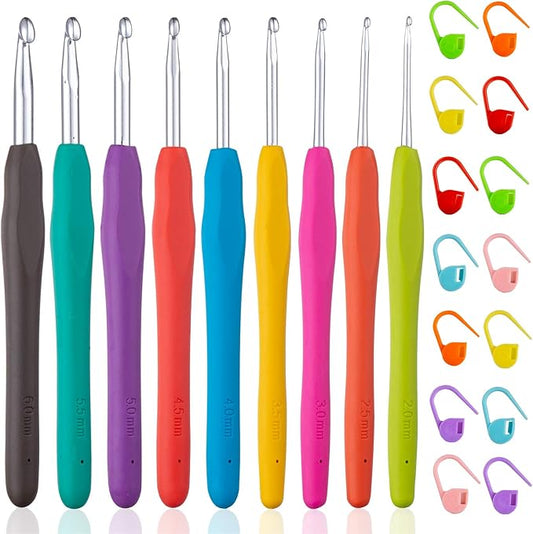 vodiye 23 pcs crochet hooks, ergonomic handle crochet hooks set for arthritic hands, comfortable smooth crochet needles extra long  knitting needles with stitch markers, rubber, multicolor