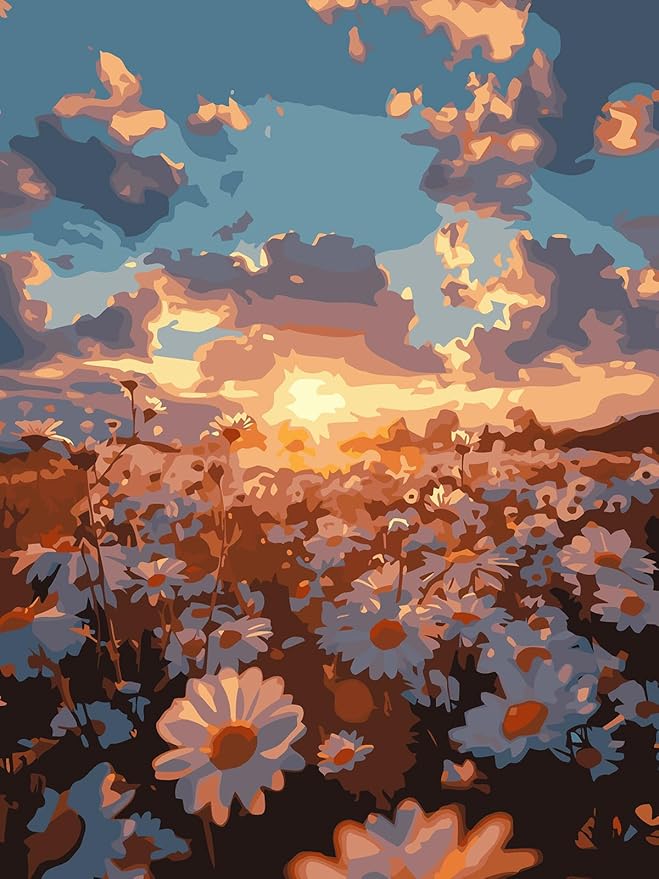 CHWGLFGG Paint by Numbers Kit for Adults Beginner, Daisy Sunset Landscape Adult Paint by Number Kits on Canvas, DIY Acrylic Oil Easy Painting by Numbers for Home Wall Decor 12X16 inch (Without Frame)