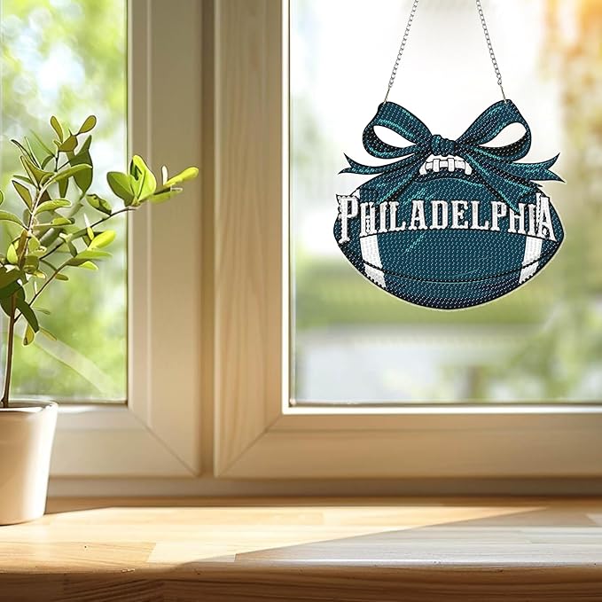 Rertcioph Football Diamond Art Hanging Kit for Adults, DIY Acrylic 5D Diamond Painting Hanging Ornament for Philadelphia Home Wall Decor and Gift