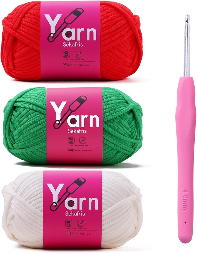 Crochet Yarn with Cotton Yarn for Crocheting - Crochet Knitting Yarns for Beginners with Easy-to-See Stitches - Yarn for Crocheting - Chunky Yarns (Crimson+Christmas Green+White