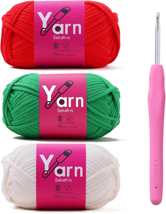 Crochet Yarn with Cotton Yarn for Crocheting - Crochet Knitting Yarns for Beginners with Easy-to-See Stitches - Yarn for Crocheting - Chunky Yarns (Crimson+Christmas Green+White