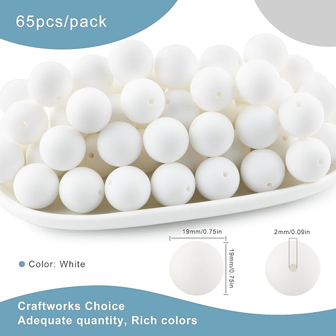 65Pcs 19mm Silicone Beads for Keychain Making Bracelet Necklace, Bulk Round Silicone Beads for Pens（White）