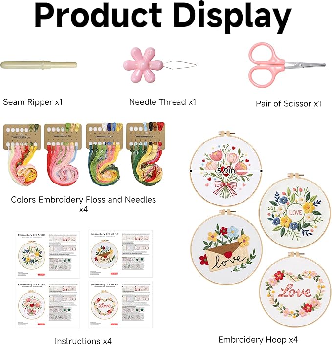tpzbwg valentines embroidery kit, diy embroidery starter kit for adults & beginners, diy needlepoint kit with embroidery hoop thread needle for craft lover birthday gifts (valentines-4 set)