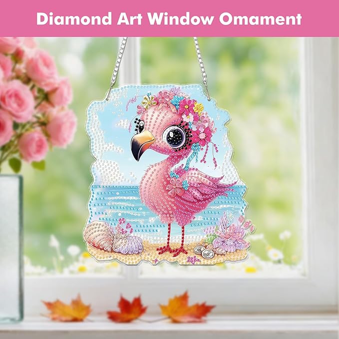 Miwixy Flamingo Hanging Diamond Art,Pink Flamingo Beach Special Shaped Crystal Christmas Diamond Painting Ornament Kit DIY Double-Sided Pattern Window Pendant Gem Art Kit for Home Wall Decor