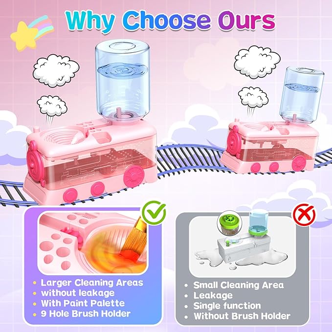 Paint Brush Cleaning Kit for Kids with 5 Brushes, Art Smock, Washable Mat, Guidebook, Spiral Brush Cleaner Jar for Watercolor(Pink)