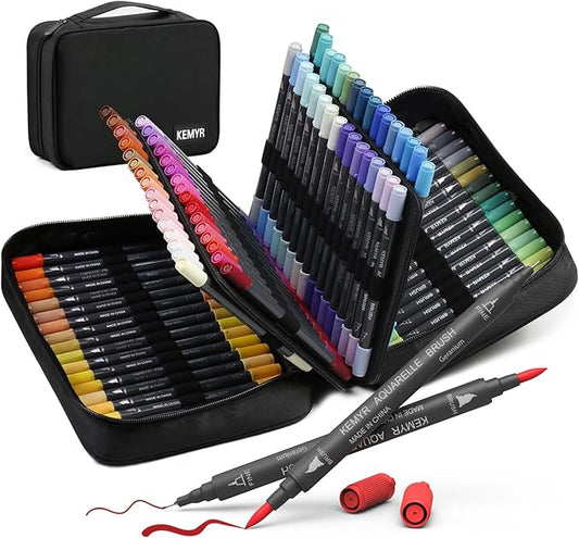 Markers for Adult Coloring Books: 100 Color Dual Tip Fine & Brush Pens Water-Based Coloring Marker for Adults Drawing Sketching Bullet Journal Writing Lettering No bleeding