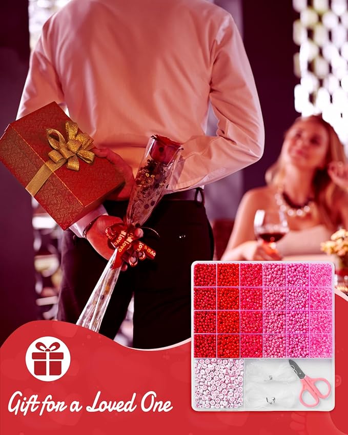 Goldwise Valentine’s Day Friendship Bracelet Kit for Adults – Pink Glass Seed Beads, 6 Unique Styles, Letter Beads and Charms, Romantic Jewelry Gift for Couples
