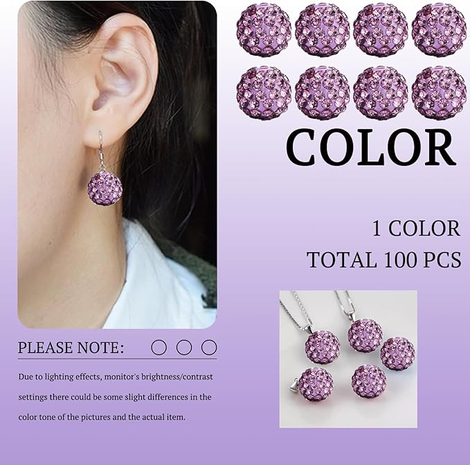 10mm Grade A Rhinestone Beads for Baseball Necklace-Round Disco Ball Bead Rhinestone Clay Beads for Earring Jewelry Making,Necklace Bracelet,DIY Craft Supplies(100 pcs Light Purple)