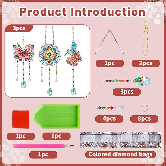 Arts and Crafts for Girls Ages 6-12, DIY Diamond Painting Kits for Kids Teens Adults, Birthday Gifts for 6 7 8 9 10 11 12 Year Old Girls, Butterfly Flower Bird Wind Chimes for Home Garden Decor
