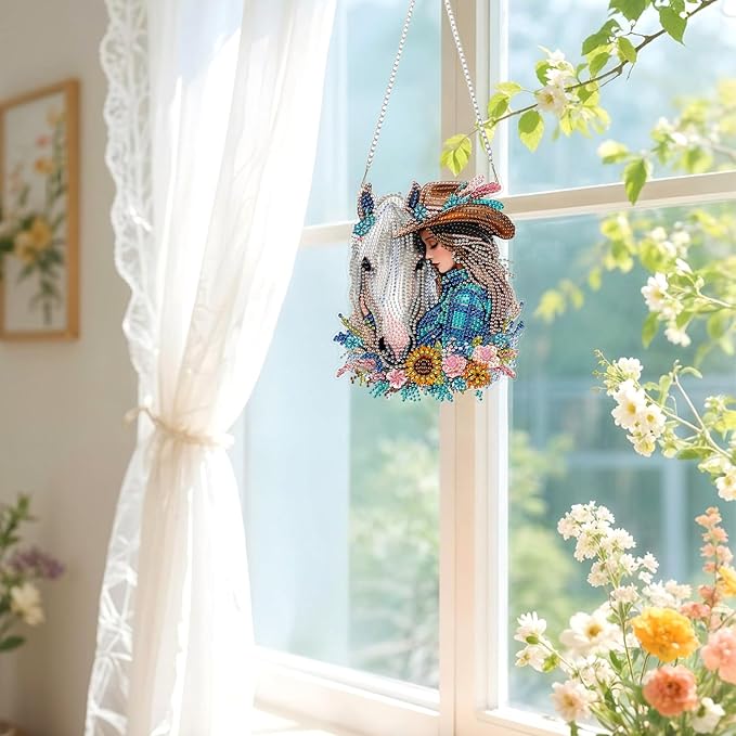 Lxmsja DIY Cowboy Girl Diamond Painting Hanging Ornament, Double-Sided Acrylic White Horse Diamond Art Kit, Special Shaped Suncatcher Hanging Pendant Window Art Kit