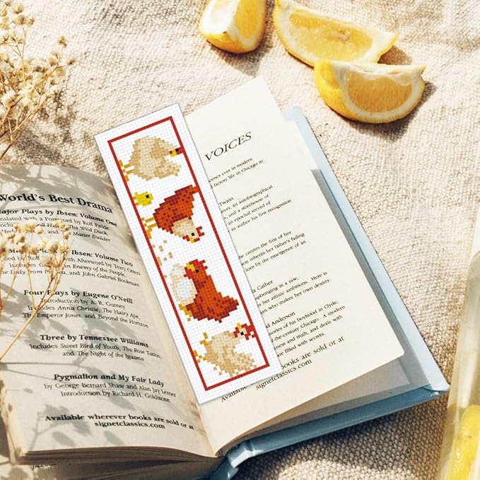 ORIGACH 6 Pcs Cross Stitch Bookmark Kit for Beginner Adults, Cute Chicks and Words Stamped Embroidery Bookmark Kit with Instruction for Starters Printed Cross Stitch DIY Kits for Book Lovers