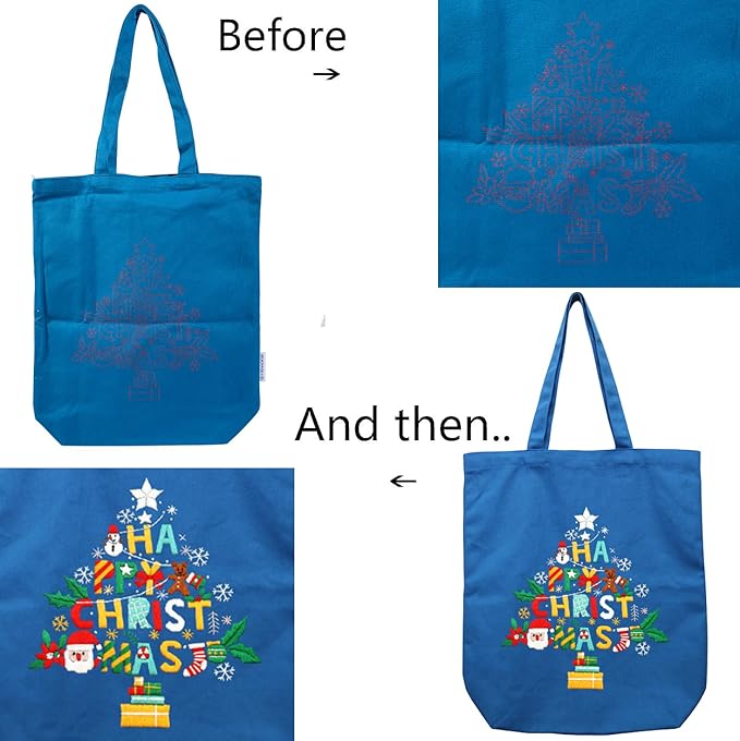 CREAWONDER Canvas Tote Bag Embroidery Kit with Pattern for Beginners, Arts and DIY Embroidery Crafts Kits for Adults, Include Instructions, Thimble, Embroidery Hoops, Color Threads and Tool