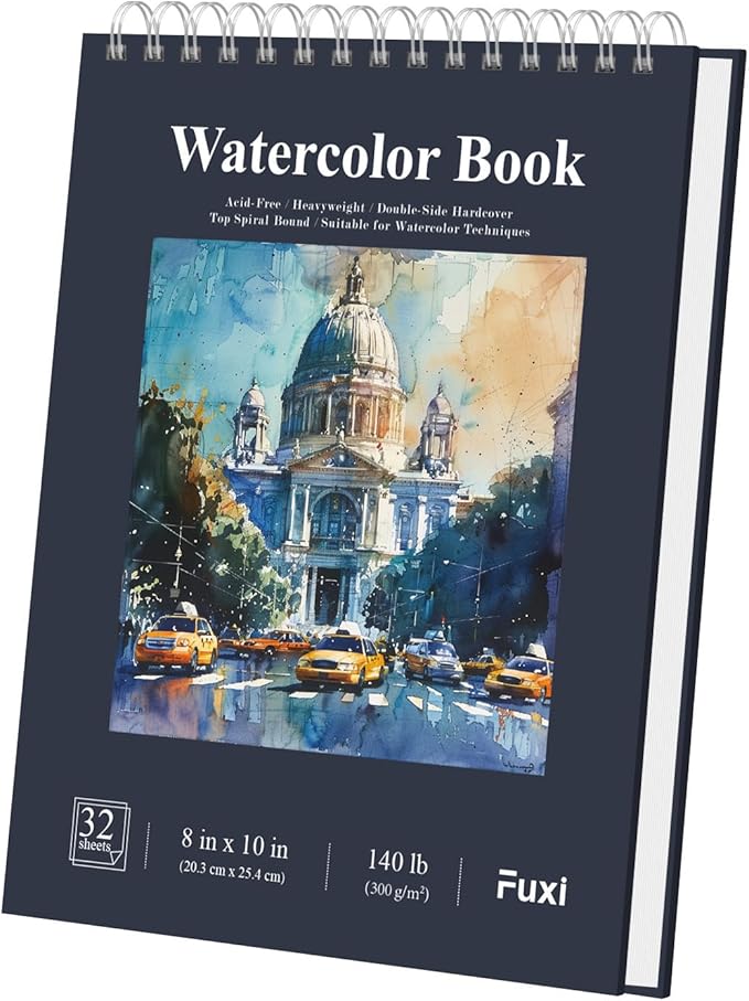 fuxi 8x10 watercolor paper, 140lb cold press watercolor spiral notebook, 32 sheets (64 pages) water color sketchbook, art supplies adults professional.