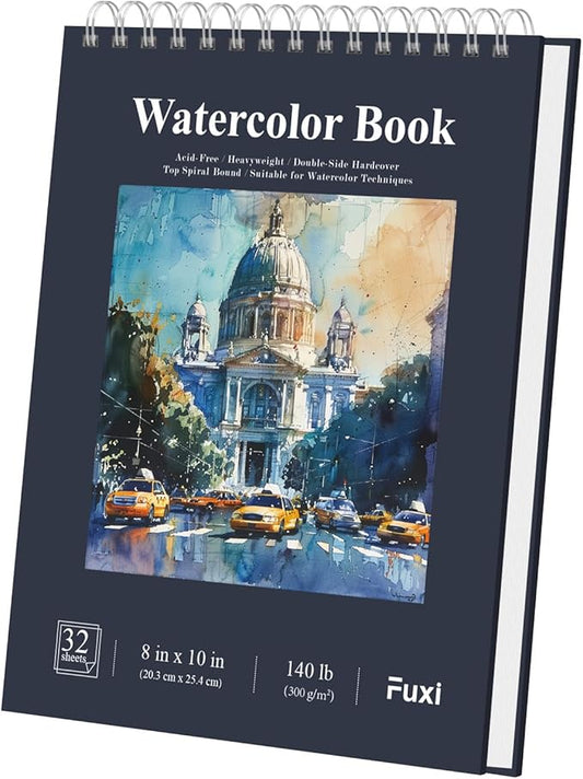 fuxi 8x10 watercolor paper, 140lb cold press watercolor spiral notebook, 32 sheets (64 pages) water color sketchbook, art supplies adults professional.