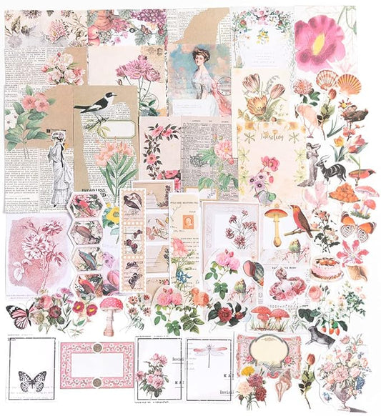 Alideco 200pcs Vintage Scrapbook Supplies Kit Kawaii Mushrooms, Flowers Scrapbooking Paper Washi Bullet Journals Planners Collage Album Aesthetic Cottagecore