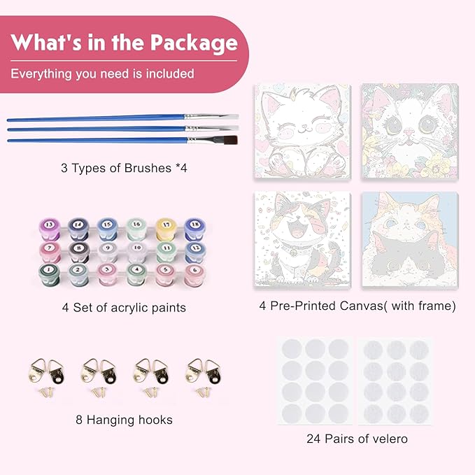 NEWENMO 4 Pack Paint by Numbers Kit for Kids Beginner with Wooden Frame, Cute Kawaii Sweet Cartoon Cat, Paint by Numbers Kit for Adults, Adorable Kitten, DIY Painting Kits for Home Wall Decor 8x8inch