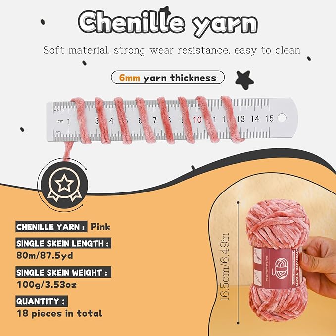 LUNARM 18 Skeins Chenille Yarn for Crocheting, Handmake Weaving Thick Soft Chunky Yarn for Blankets Clothes Crochet Craft with Crochet Hooks Needles Stitch Markers,3.53oz/Skein(Peach Pink)