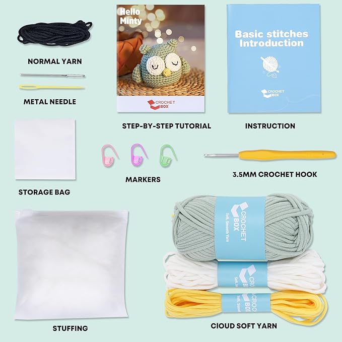 Complete Beginners Crochet Kit - Owl Crochet Kit, All You Need for Crocheting, Step-by-Step Video Tutorials, Instruction, Tools, Holiday Birthday Gift for Adults, Teens