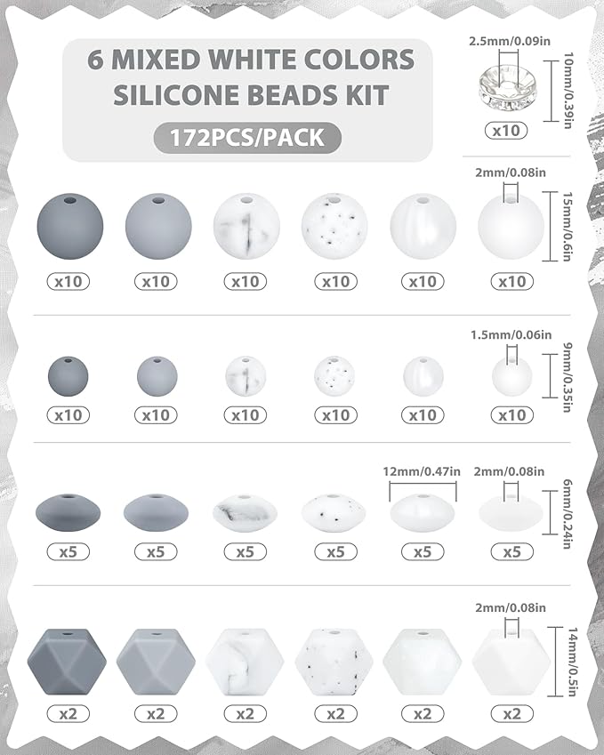 172PCS FIVEIZERO Silicone Beads for Keychain Making, 6 Mixed Colors Silicone Focal Beads Kit, 9mm & 15mm Round Lentil Hexagon Bead & Rhinestone Spacer Bead for Jewelry Making & Bracelets (White)