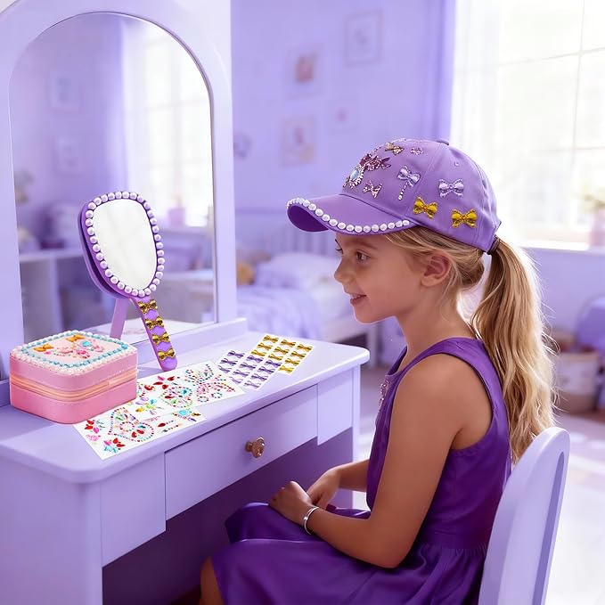 Christmas Gifts for Girls Decorate Your Own Baseball Cap with 10 Sheets Gem Stickers, DIY Arts and Crafts Kit for Kids 4 5 6 7 8 9 10 11 12 Years Old, Girls Handheld Mirror Jewelry Case (Purple)