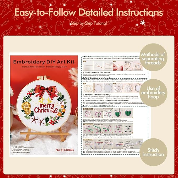 christmas embroidery kits: 1 pack cross stitch kit for beginners adults, diy ornaments craft kit with all tools & instructions, stamped hand embroidery starter kit for holiday crafts & xmas home decor