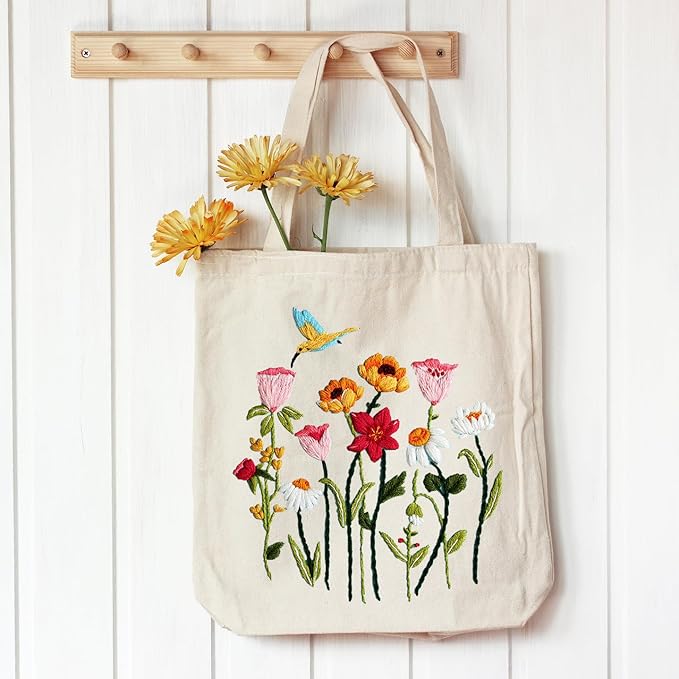 louise maelys embroidery kit canvas tote bag for beginners,cross stitch kits for adults,diy crafts needlepoint include hummingbird floral pattern,women shopping reusable grocery bags