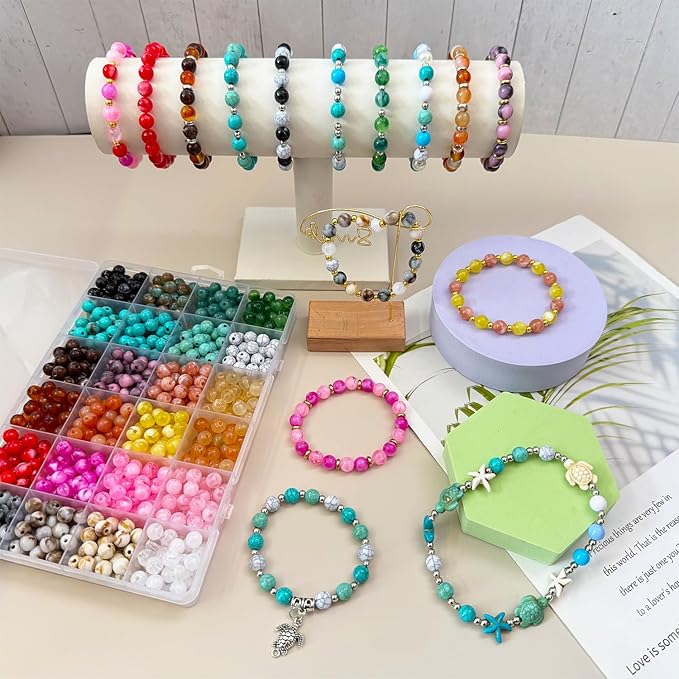 720Pcs 8mm Acrylic Round Beads for Jewelry Making, Bohemian Style Round Bead Faux Turquoise White Crack Bead Plastic Bubble Gum Beads for Bracelets Making Kit DIY Necklace Crafts