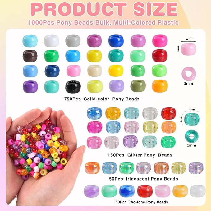 1000Pcs Pony Beads for Bracelets, Multi-Colored Plastic Pony Beads Bulk, 6×9mm Friendship Bead for Jewelry Making for DIY Hair Braiding Keychains Necklaces Crafts Party Supplies