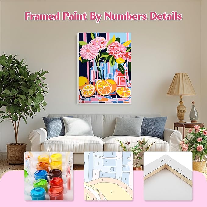GHHKUD Flowers Paint by Numbers with Frame for Adults Beginners, DIY Lemons Paint by Numbers for Age 6-12, Art on Canvas Gifts Home Wall Decor 8x12in